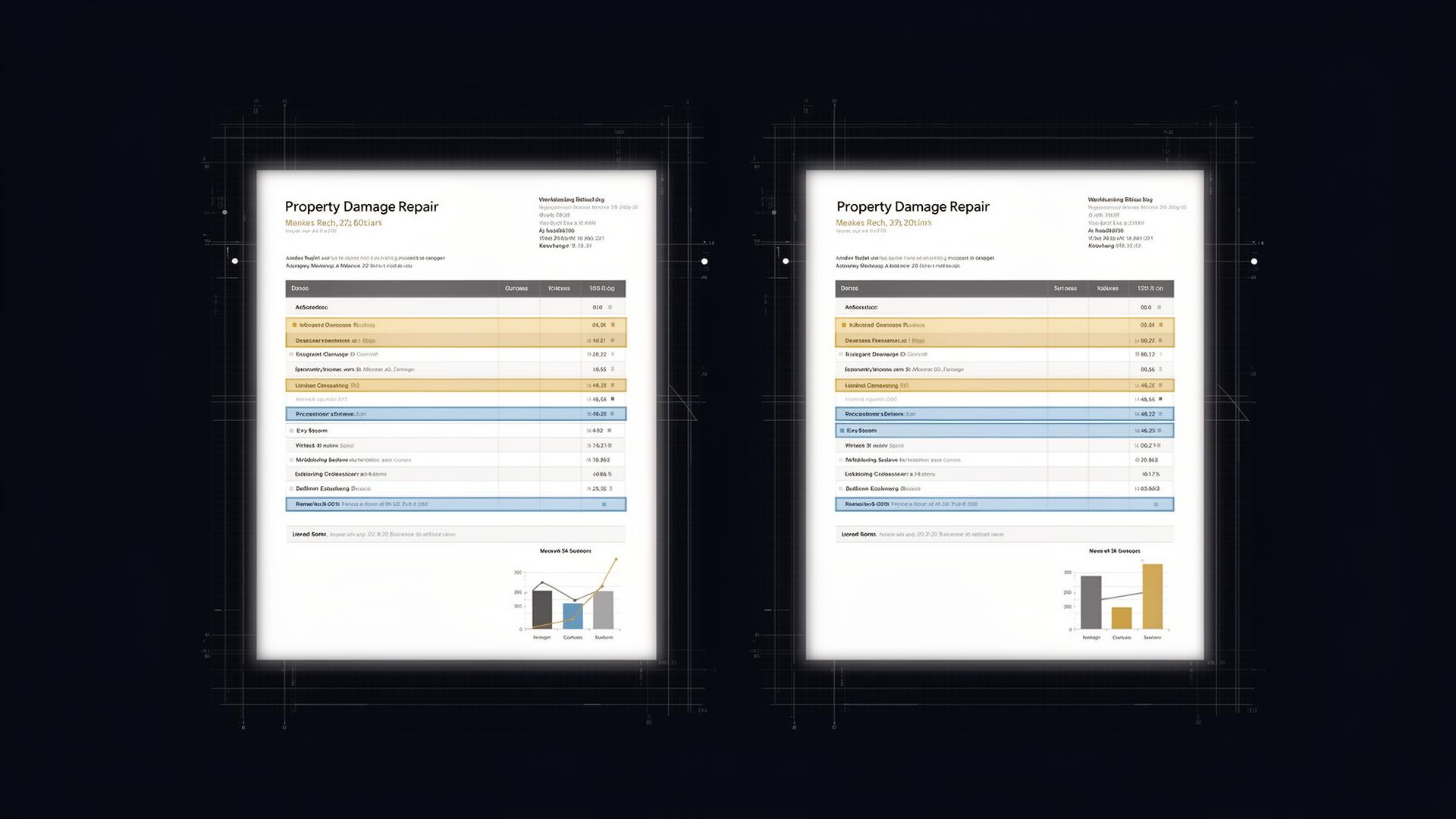 Two property damage estimates being compared side by side with highlighted line-item differences